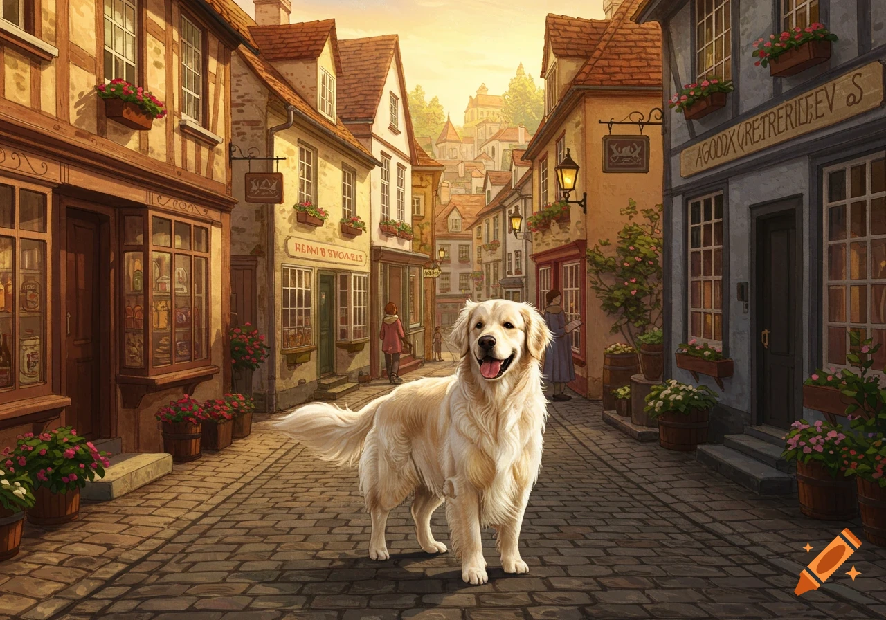 A Golden retriever stands on a cobblestone street in a quaint village with shops.