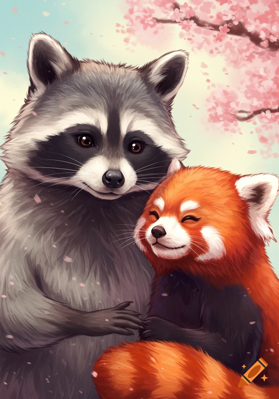 Cute illustration of a raccoon and a red panda couple under cherry blossoms