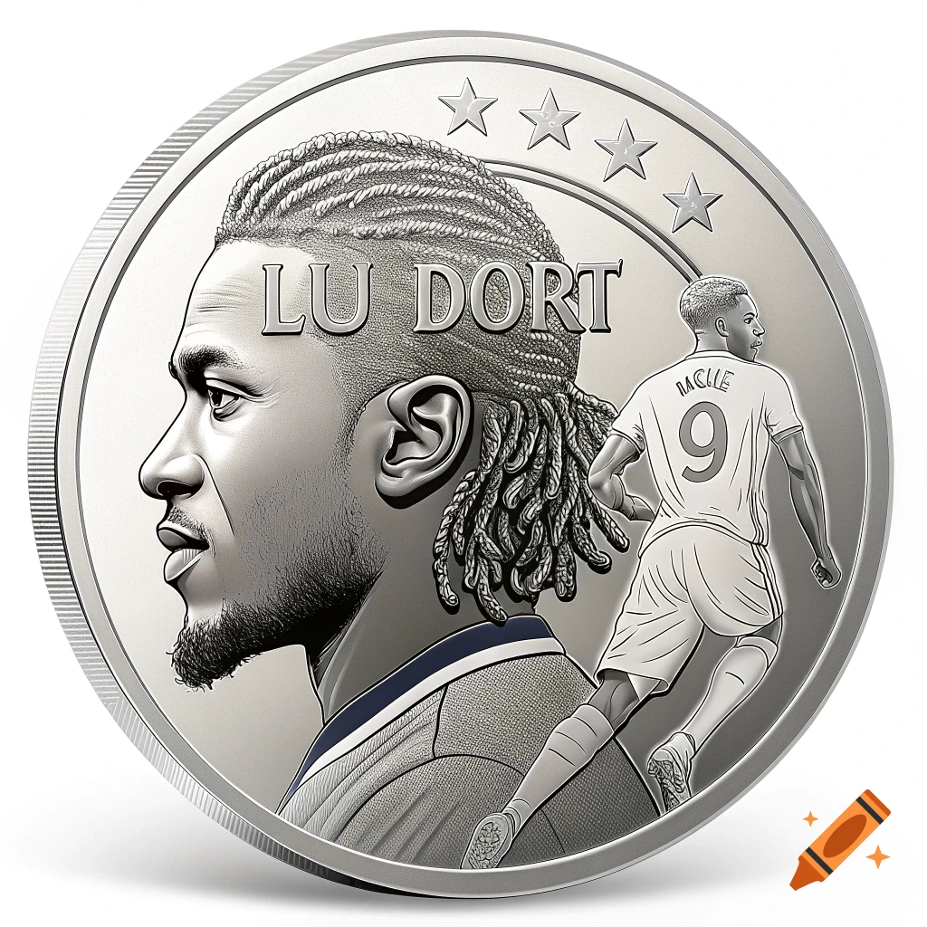 A silver coin featuring a detailed portrait of a man with braided hair in profile, with the text "LU DORT" above him. A smaller figure in a sports jersey with "BACUE 9" on the back runs in the background.