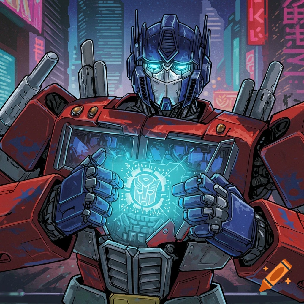 Optimus Prime holds the Matrix of Leadership against a cyberpunk city background, illustration style.