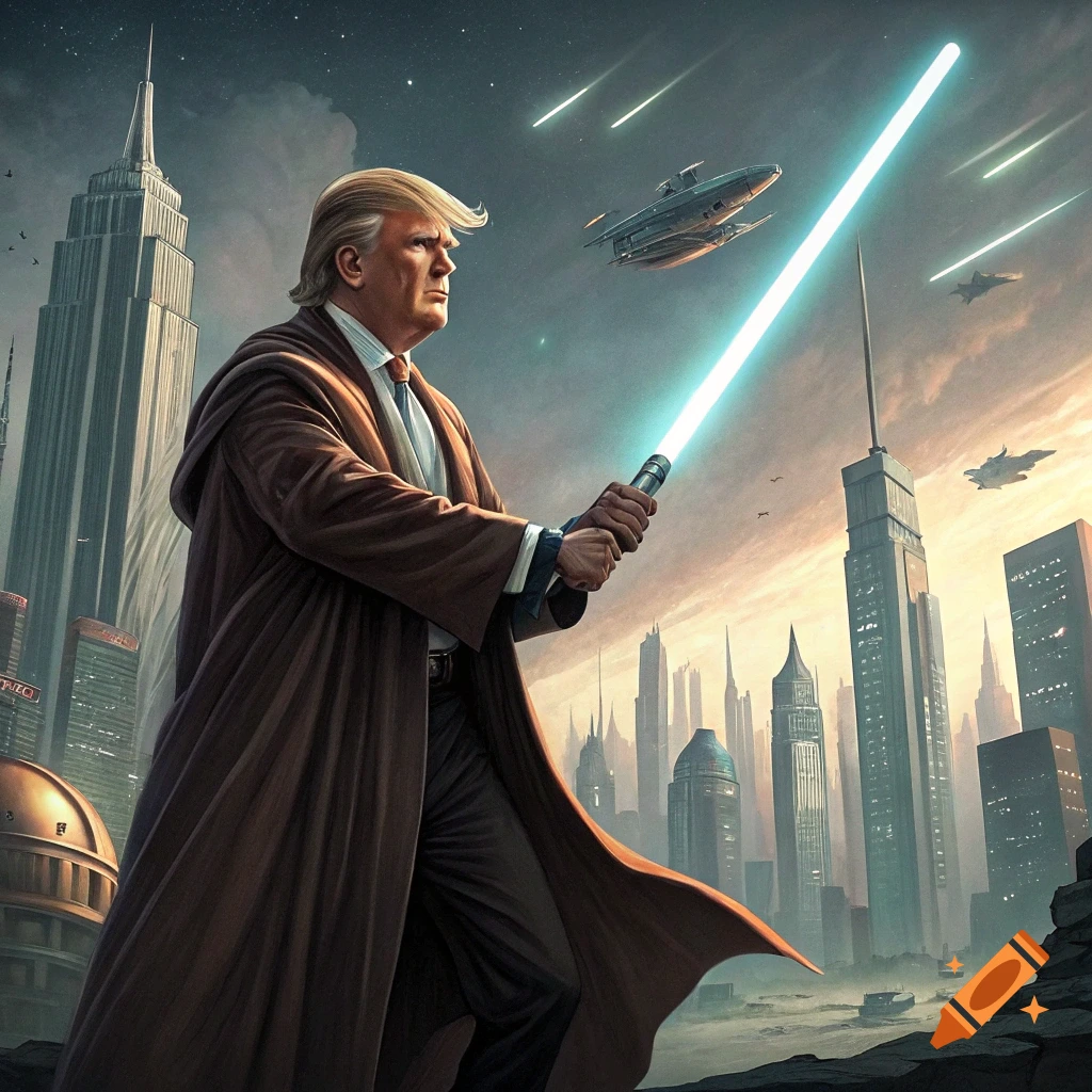 Donald Trump dressed as a Jedi holding a lightsaber in a futuristic cityscape with spaceships
