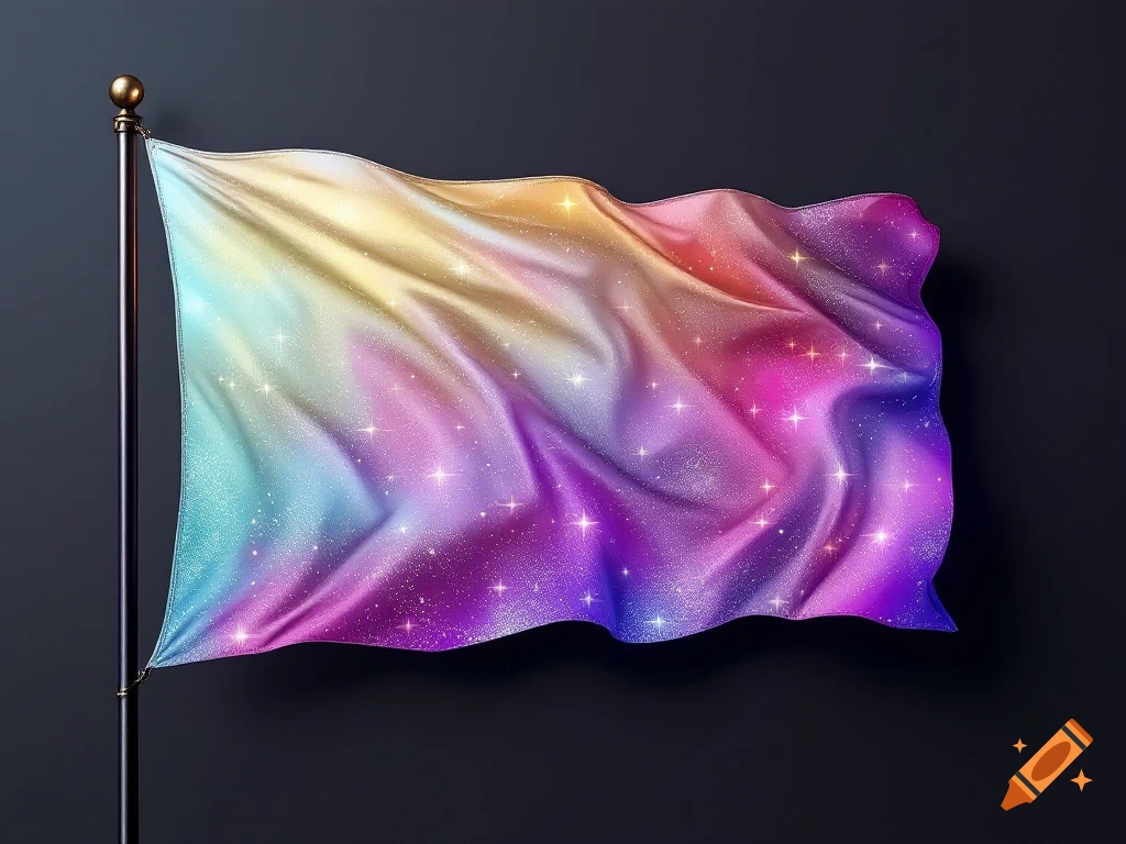 A flag in pastel rainbow colors with sparkles, waving on a dark background.