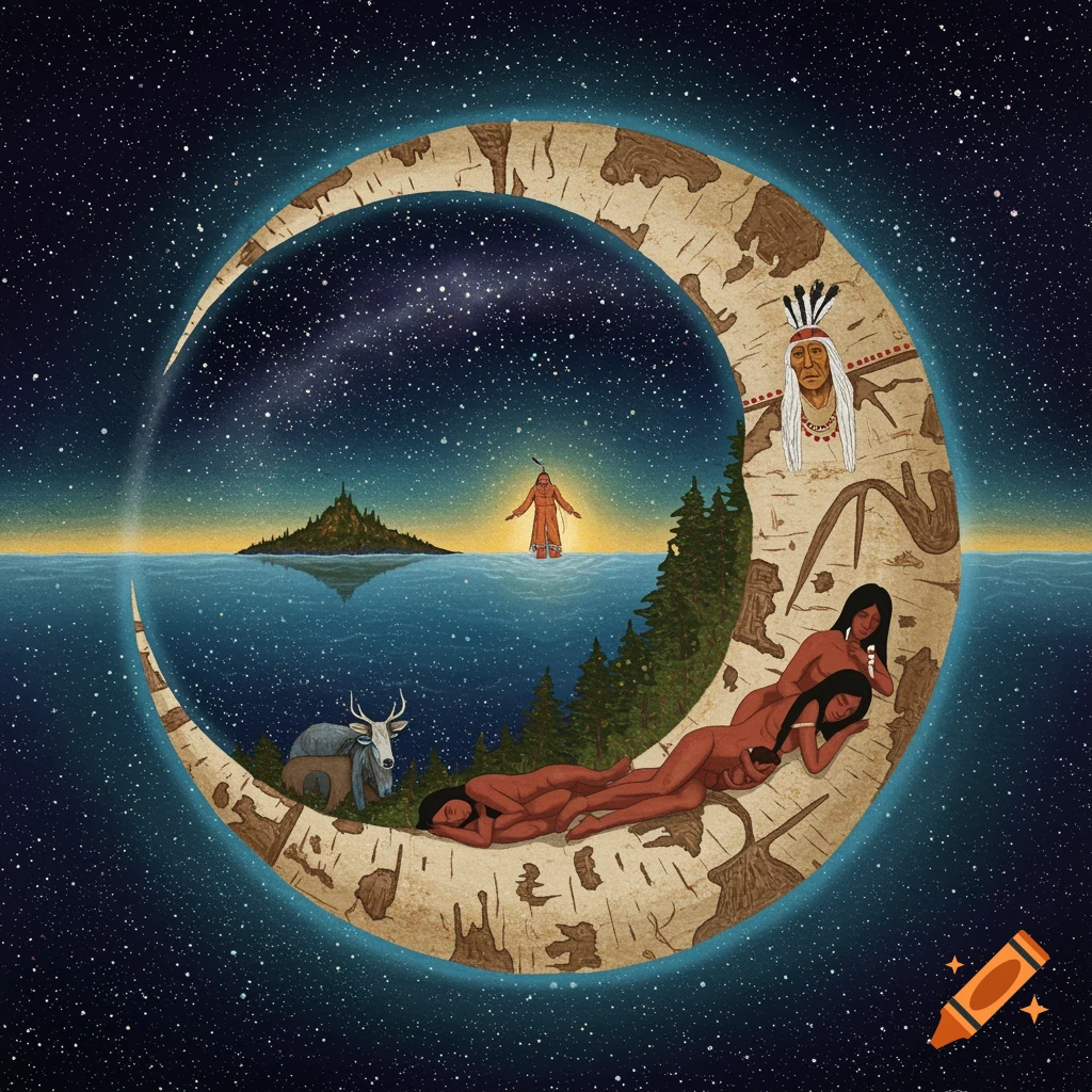 Illustrative scene from Mi'kmaq creation: nude figures sleep on crescent birch moon, island, figure in water, deer, starry sky.