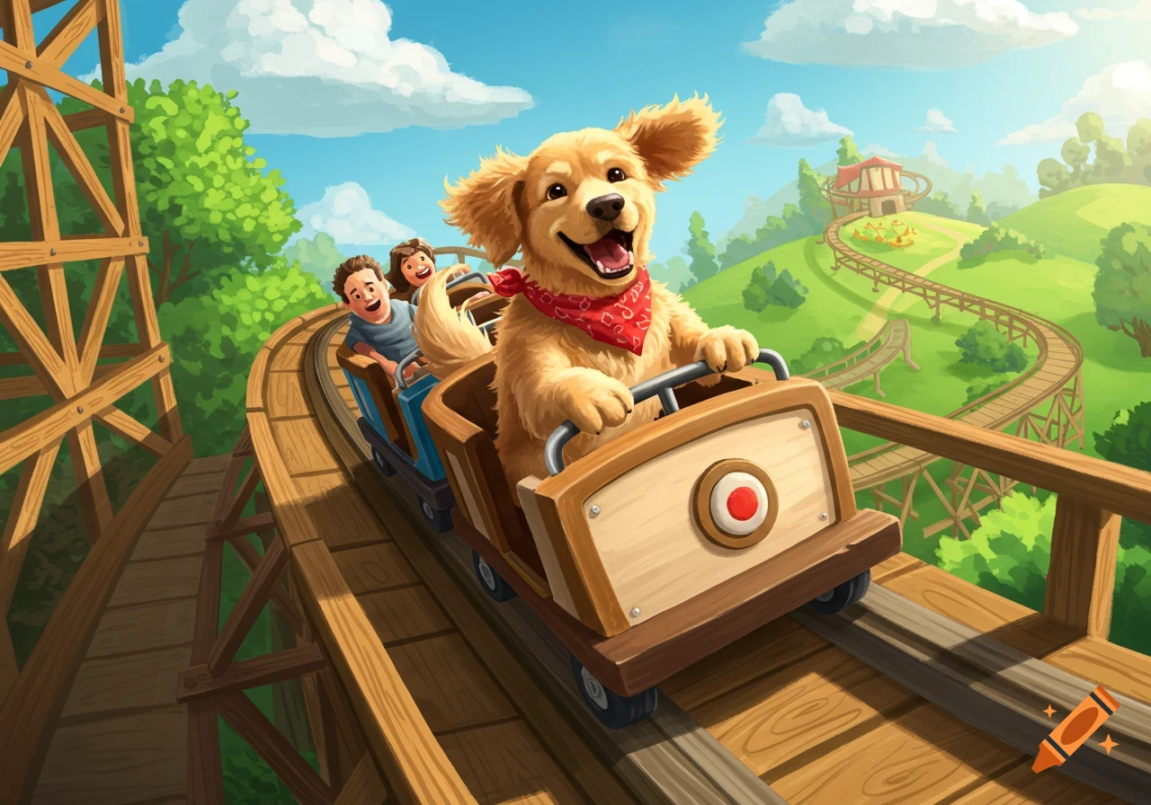 Cartoon golden retriever and kids ride a roller coaster in an amusement park.