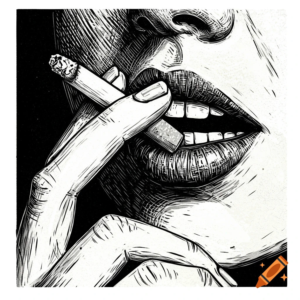 Close-up linocut illustration of a woman's mouth and fingers holding a cigarette.