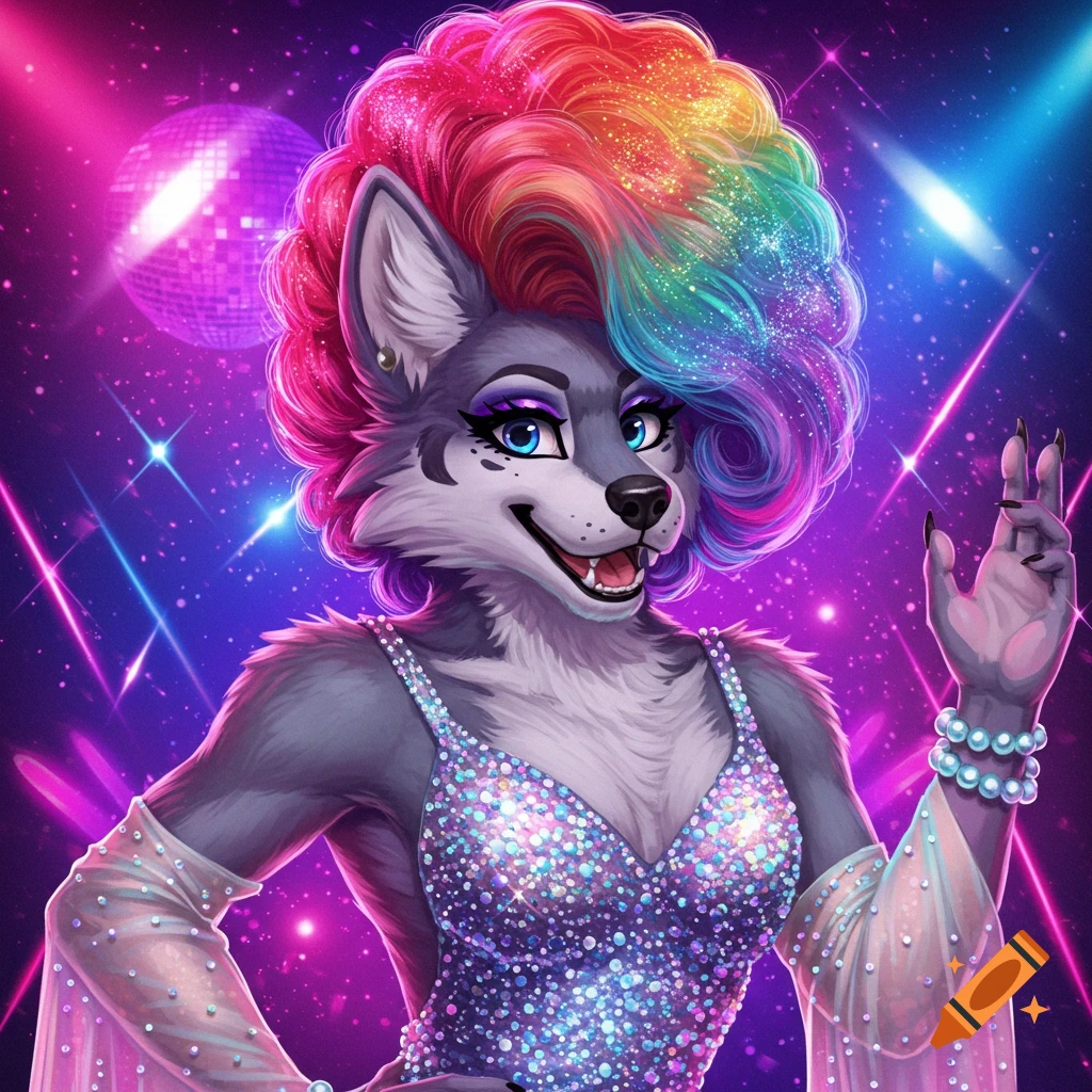 A furry character in a sparkly dress and rainbow hair waves in a disco scene with glitter ball and neon lights.