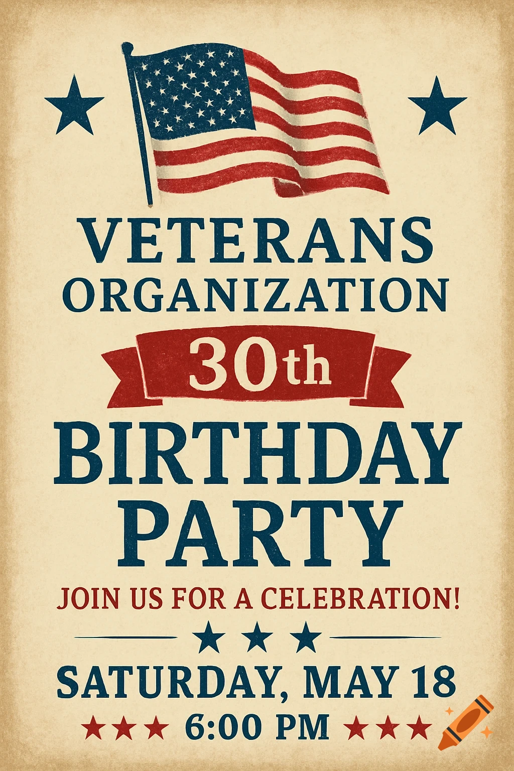 Veterans organization 30th birthday party invitation poster with an American flag