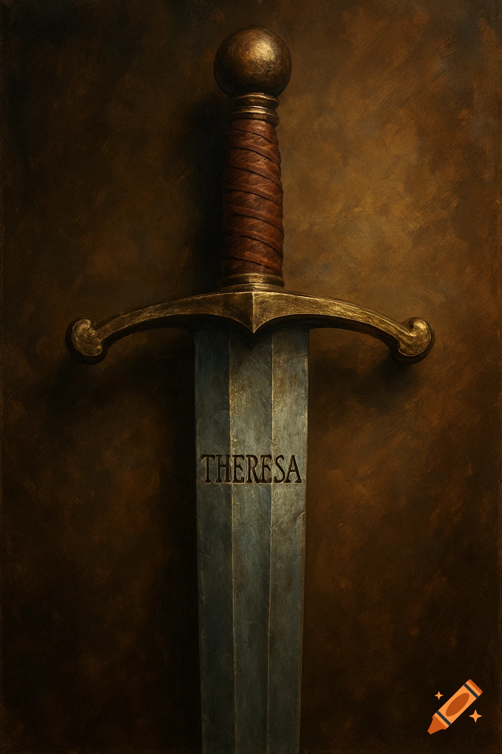Close-up of a detailed sword with the name THERESA inscribed on the blade, in a dark, moody style.