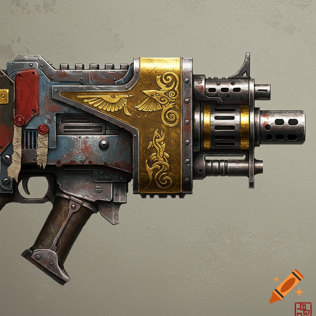 Close-up of a heavily weathered grimdark weapon with gold inlay decoration.