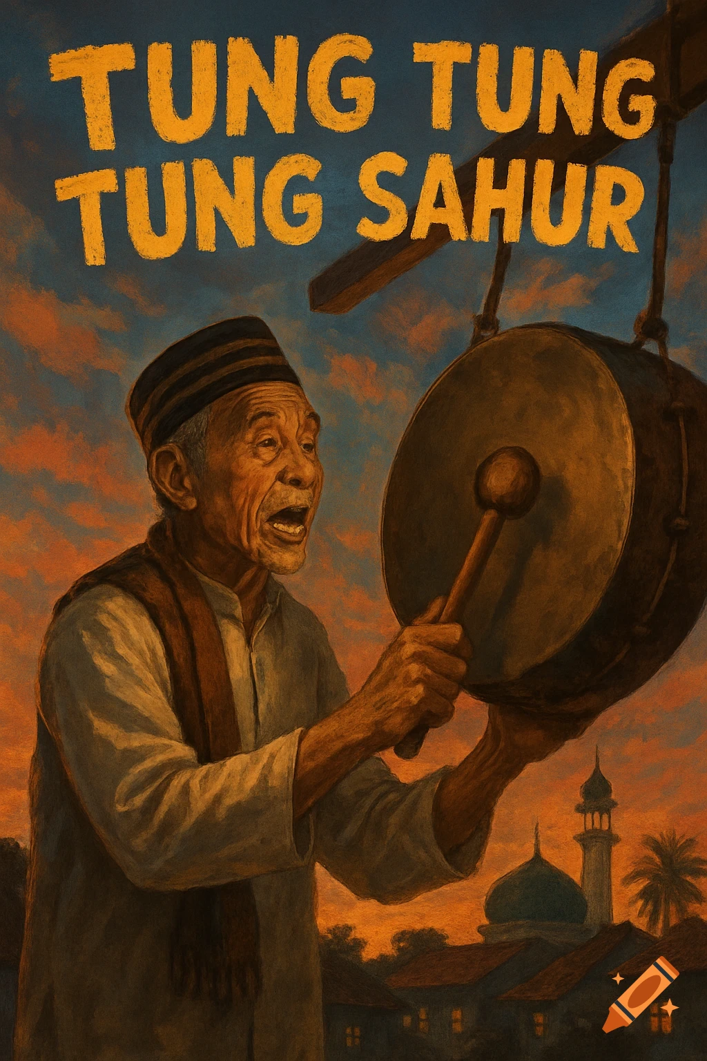 An old man beats a large drum under a sunset sky, with text above and a mosque in the background, illustration.