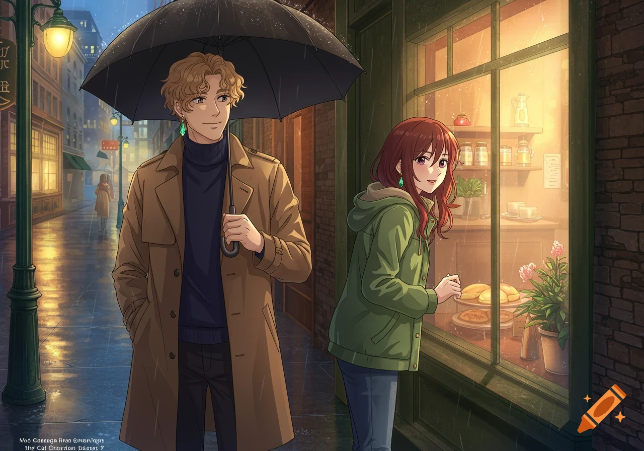 Anime illustration of a couple under an umbrella on a rainy street, looking into a bakery window.