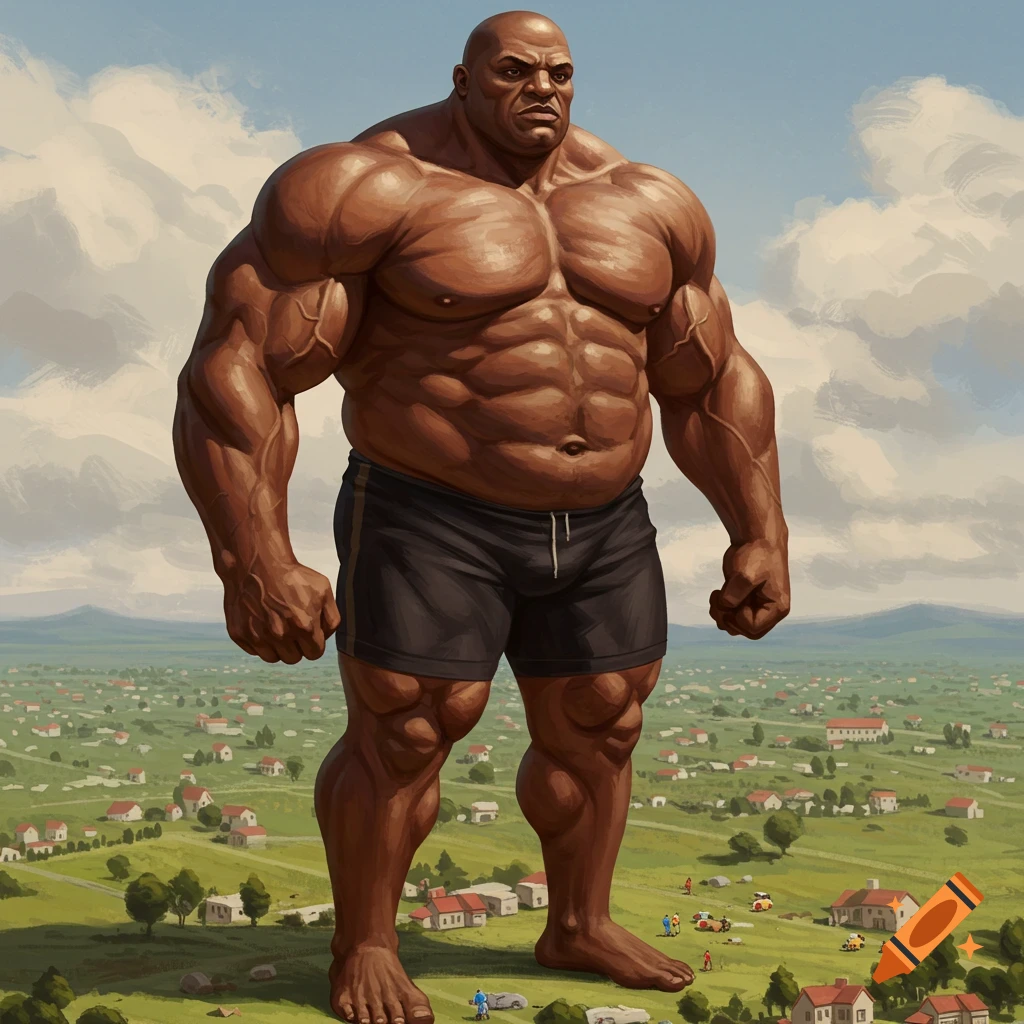 Giant muscular man stands over a small town in an illustration style.