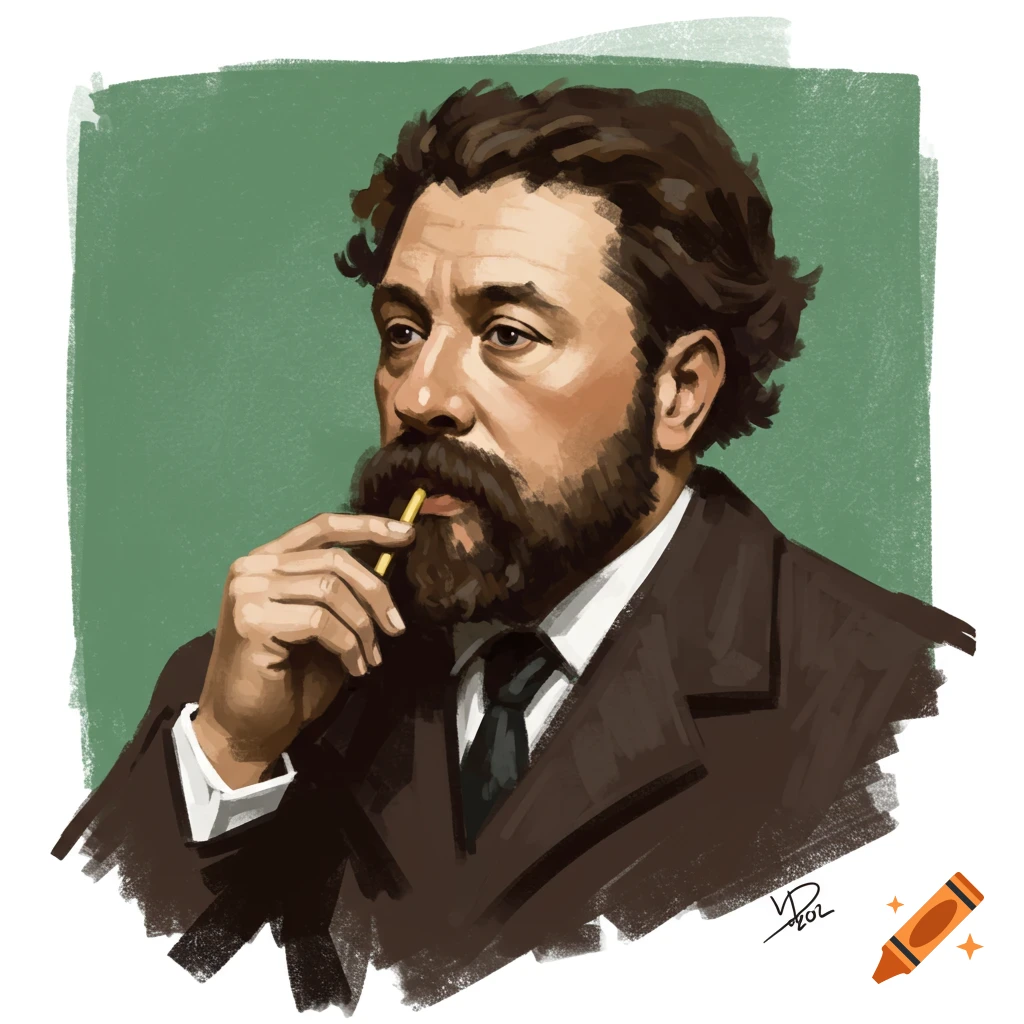 Painterly portrait of a man with a beard and mustache in a suit, holding a yellow object to his mouth.