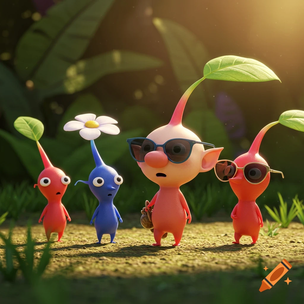 Four Pikmin characters, two wearing sunglasses, in a sunlit forest clearing. Rendered in a Pixar-like 3D style.