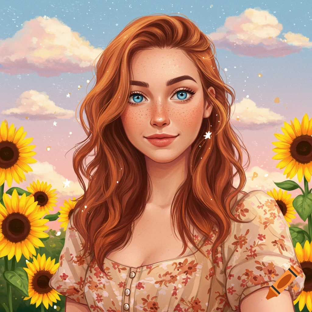 Stylized portrait of a smiling woman with red hair, blue eyes, and freckles among sunflowers under a cloudy sky.