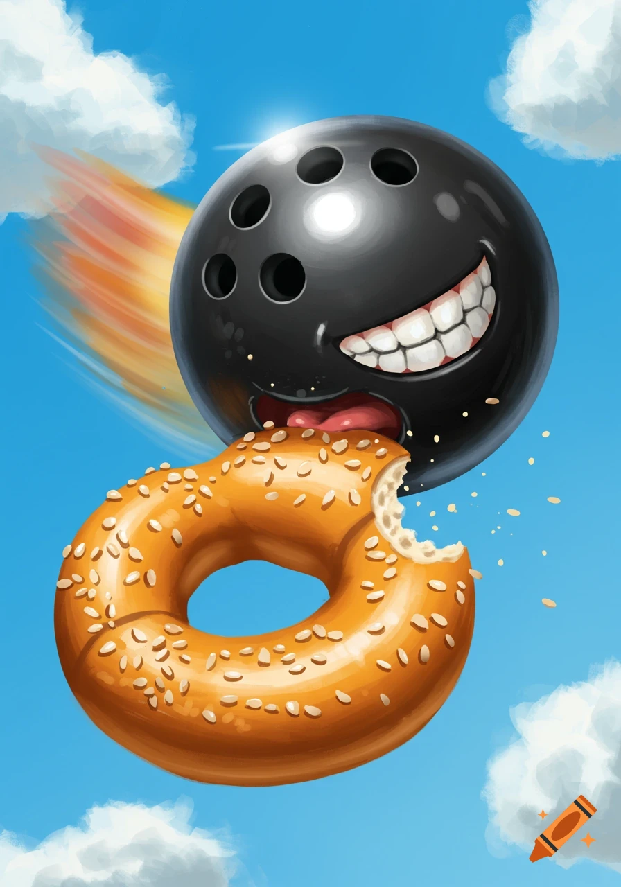 A cartoon bowling ball with a face flies through the sky eating a bagel.