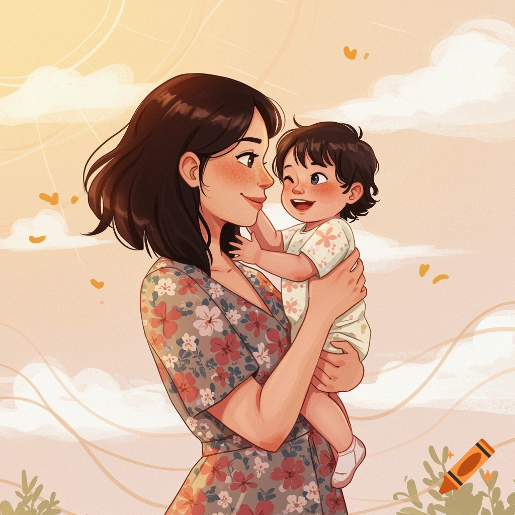 Stylized illustration of a mother smiling and holding her happy baby outdoors with warm light.