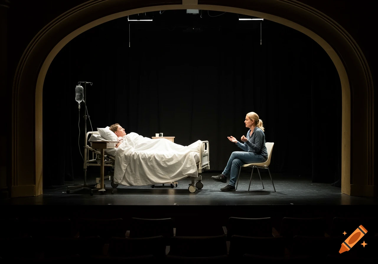 Two people on a dark stage, one in a hospital bed with an IV, another seated beside them talking. Scene from a stage play.