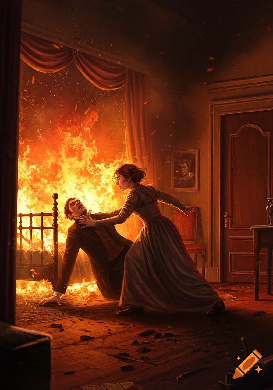 A woman pulls a man away from a bed ablaze in a dramatic historical-style illustration.