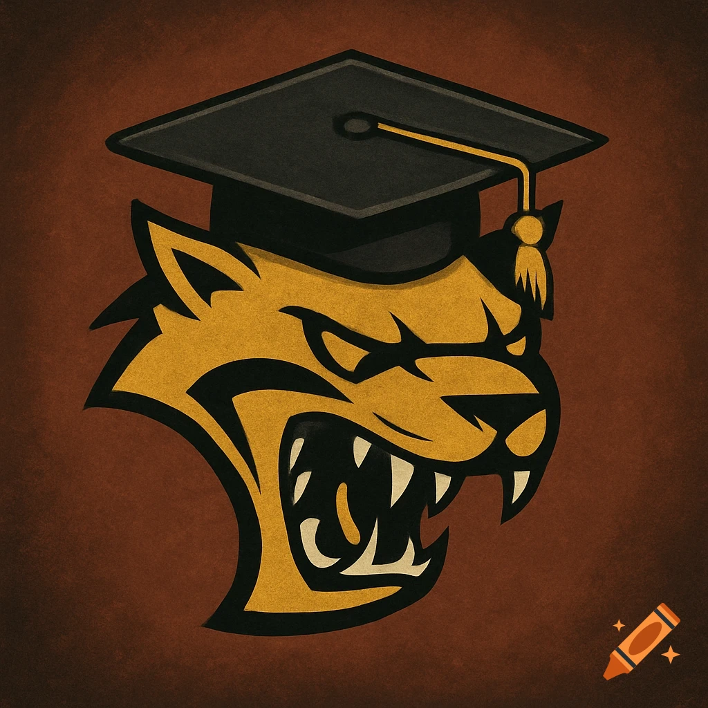 A stylized snarling yellow and black cat head wears a graduation cap.