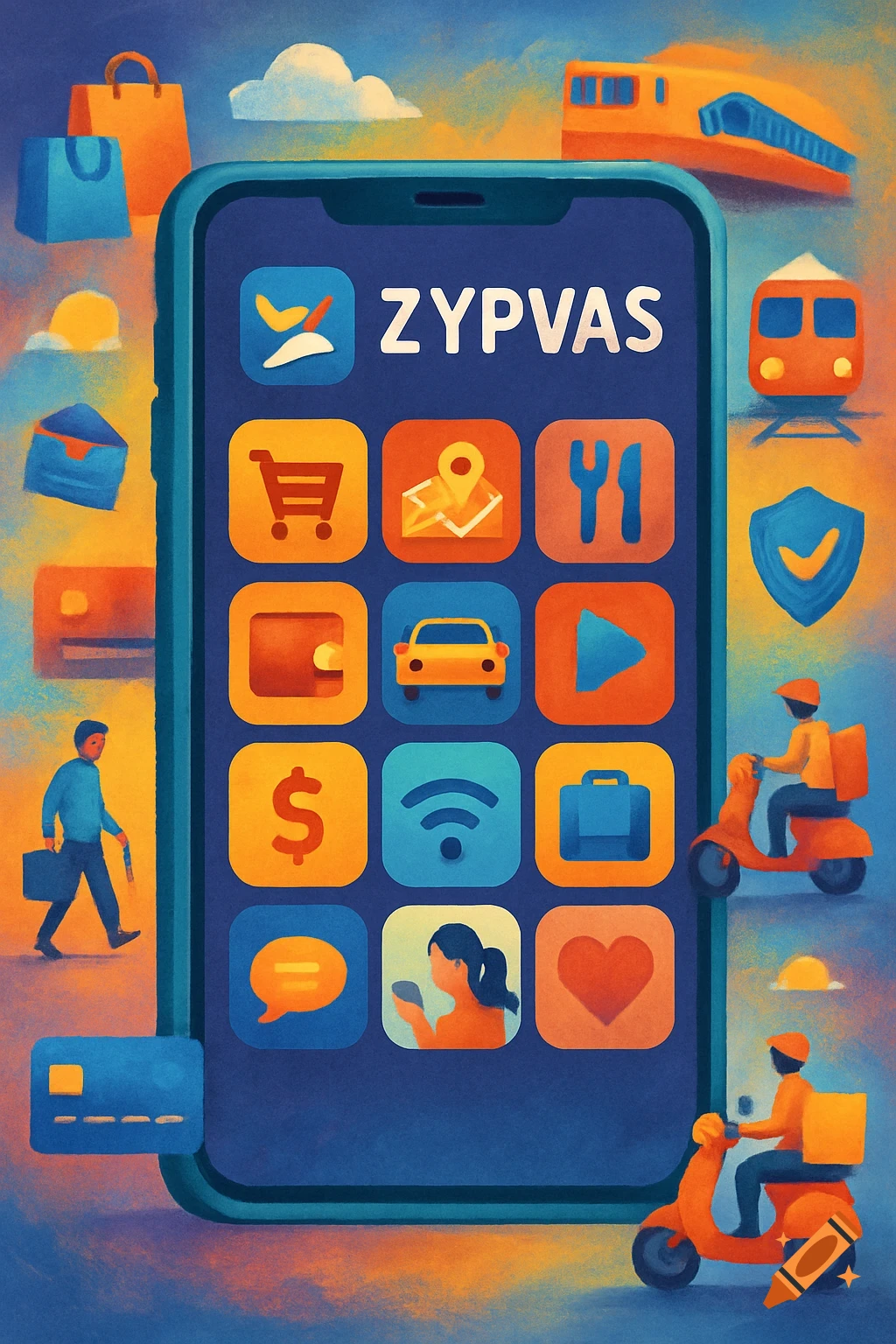 Illustration of a smartphone displaying various app icons, surrounded by related images like a train, car, delivery scooters, shopping bags, and a credit card.