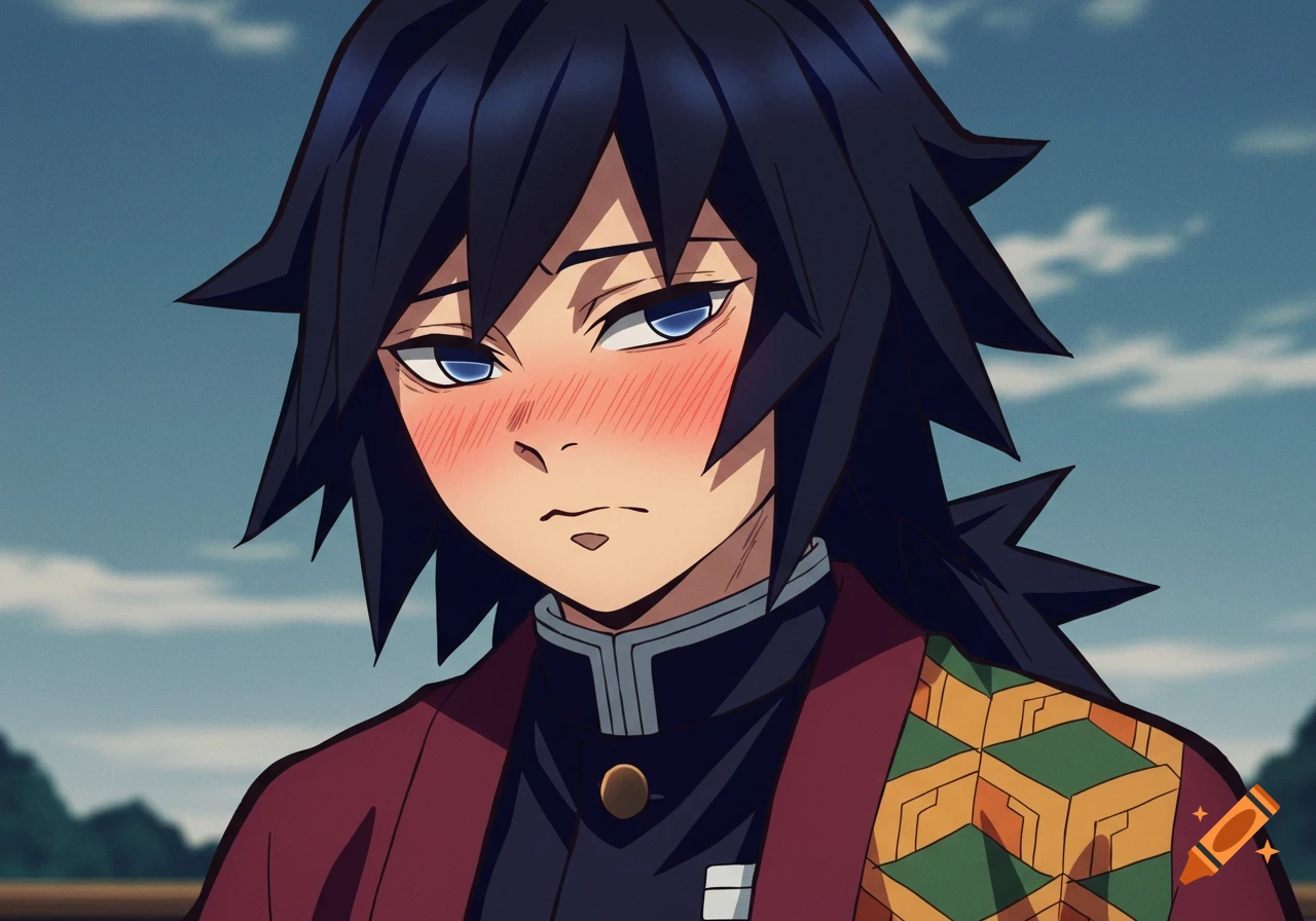Anime portrait of Giyuu Tomioka from Demon Slayer blushing.