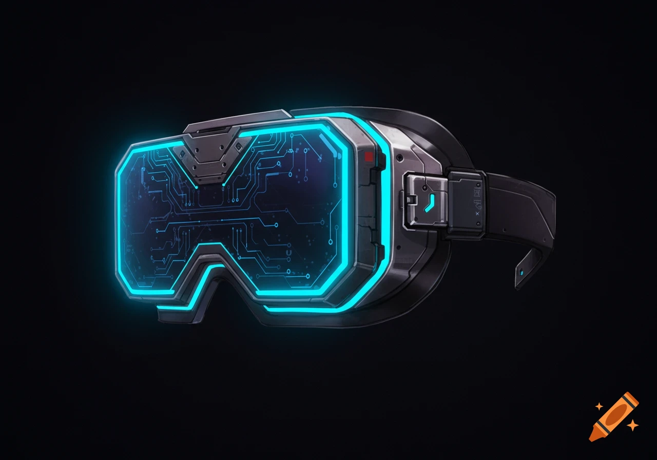 Cyberpunk virtual reality goggles with glowing blue circuit patterns on a black background.