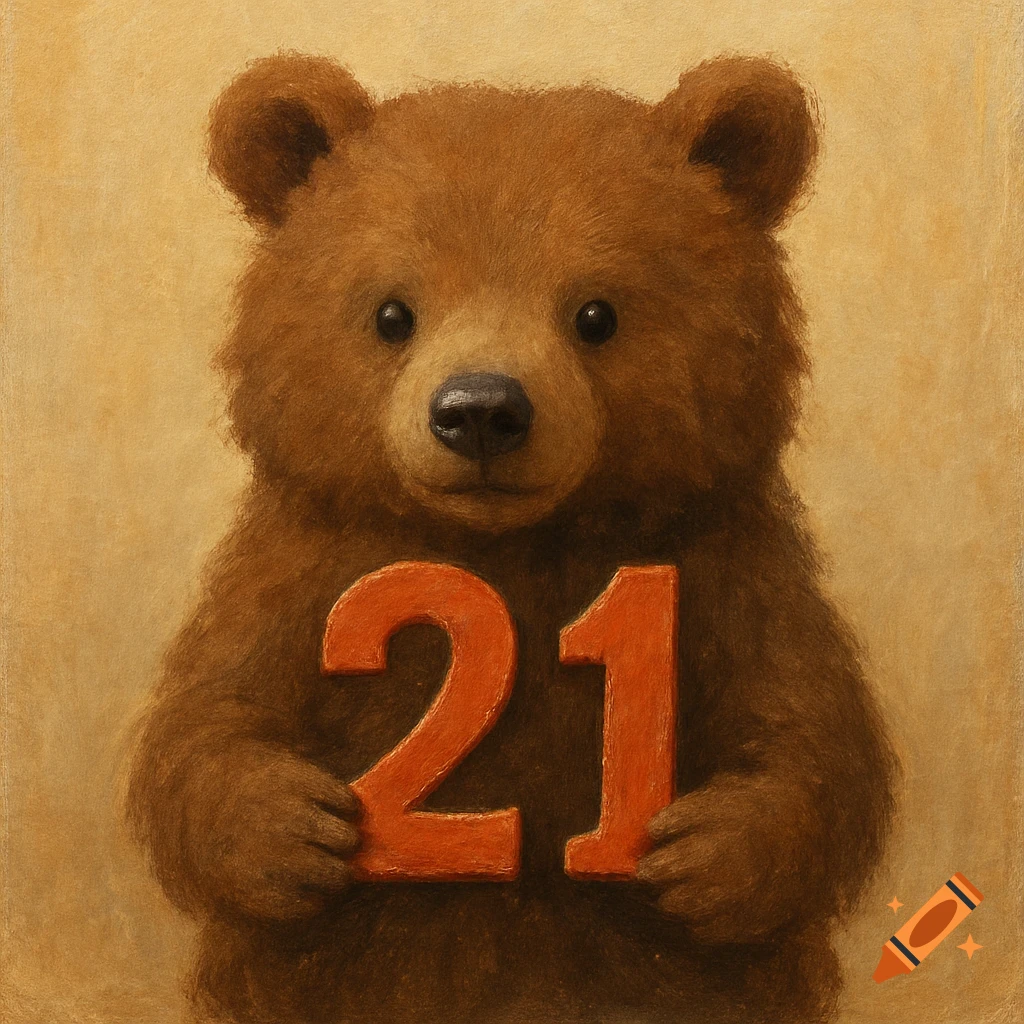 Illustration of a brown bear holding the numbers 21.