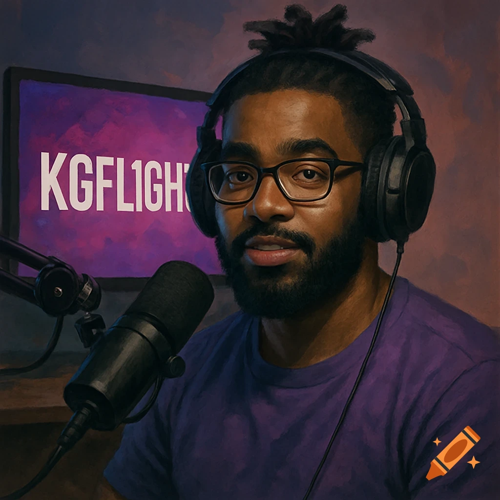 Digital art portrait of a man with headphones and a microphone in front of a screen.