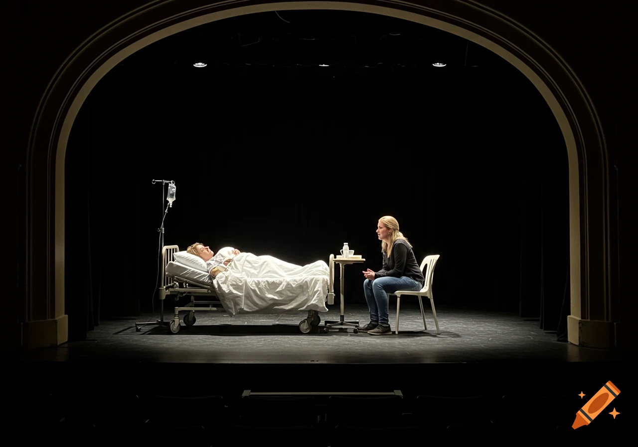 Two people on a dimly lit theatre stage, one in a hospital bed and one sitting beside them in a chair.
