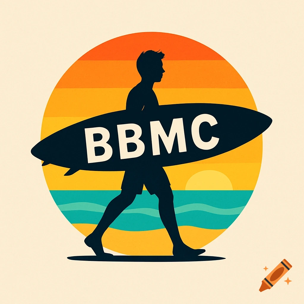Stylized logo of a surfer's silhouette carrying a board with BBMC on it, against a sunset over the ocean and beach.