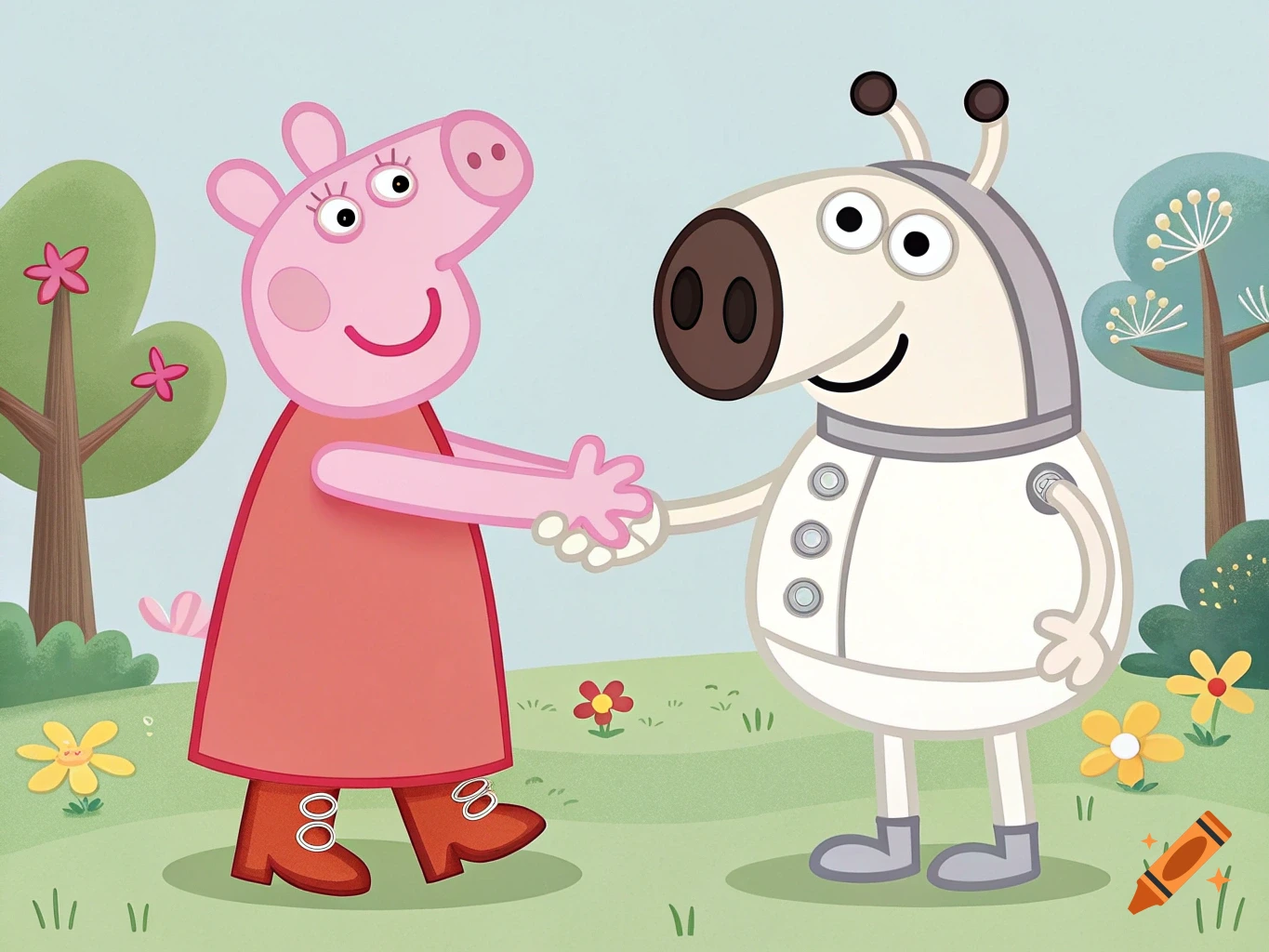 Cartoon illustration of Peppa Pig shaking hands with a character resembling Gromit in a field.