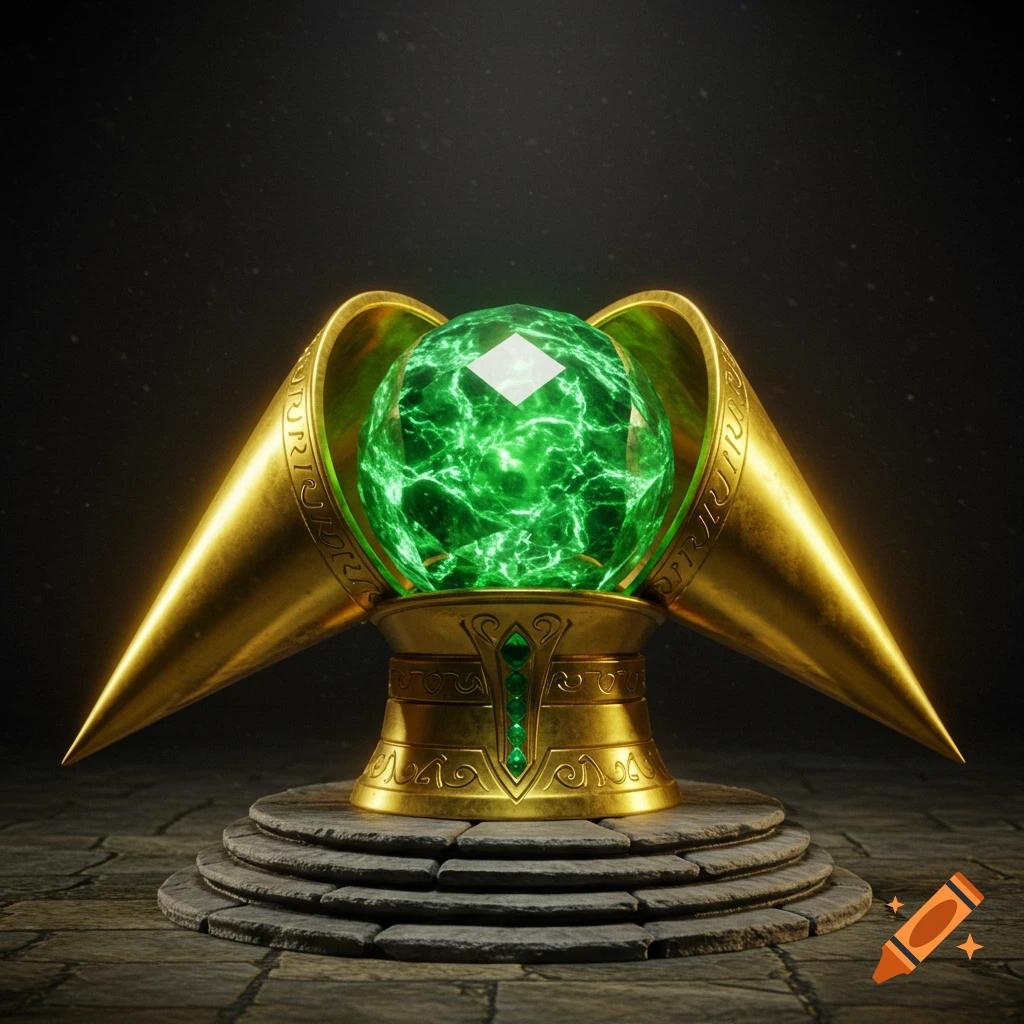 A glowing green gemstone sphere in an ornate golden fantasy artifact stand on a stone pedestal.