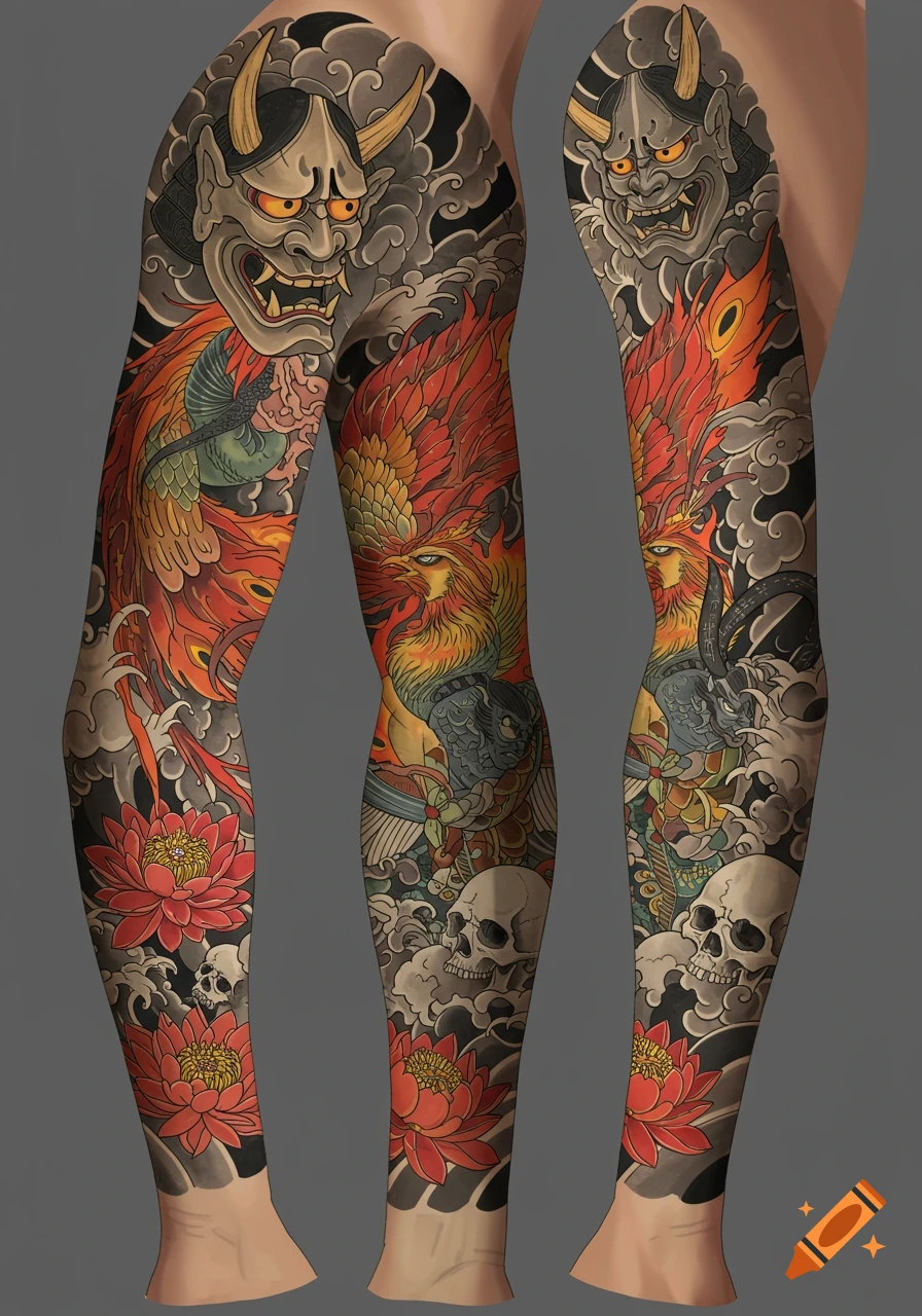 Japanese Irezumi tattoo sleeve with Hannya mask, phoenix, skulls, and lotus flowers