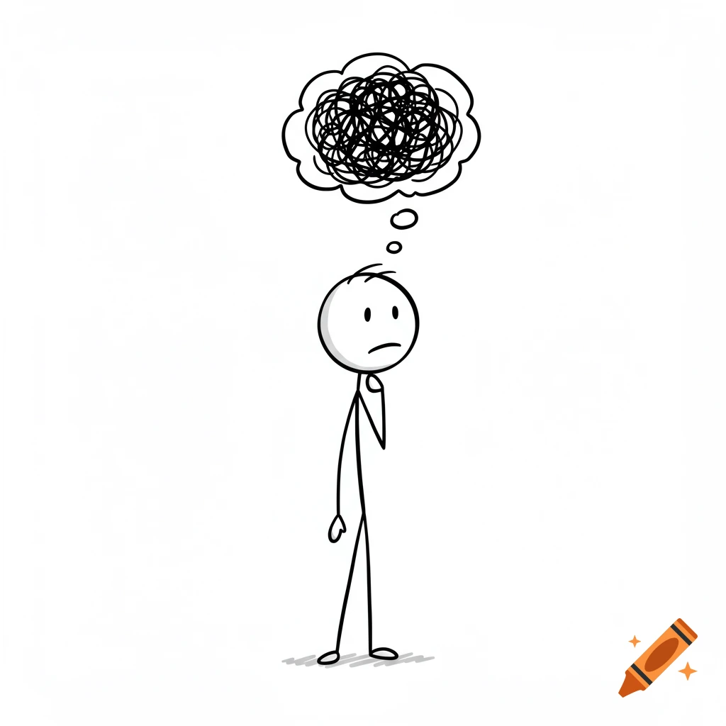 A simple stick figure illustration of a person standing and thinking, with a tangled mess in a thought bubble above their head.