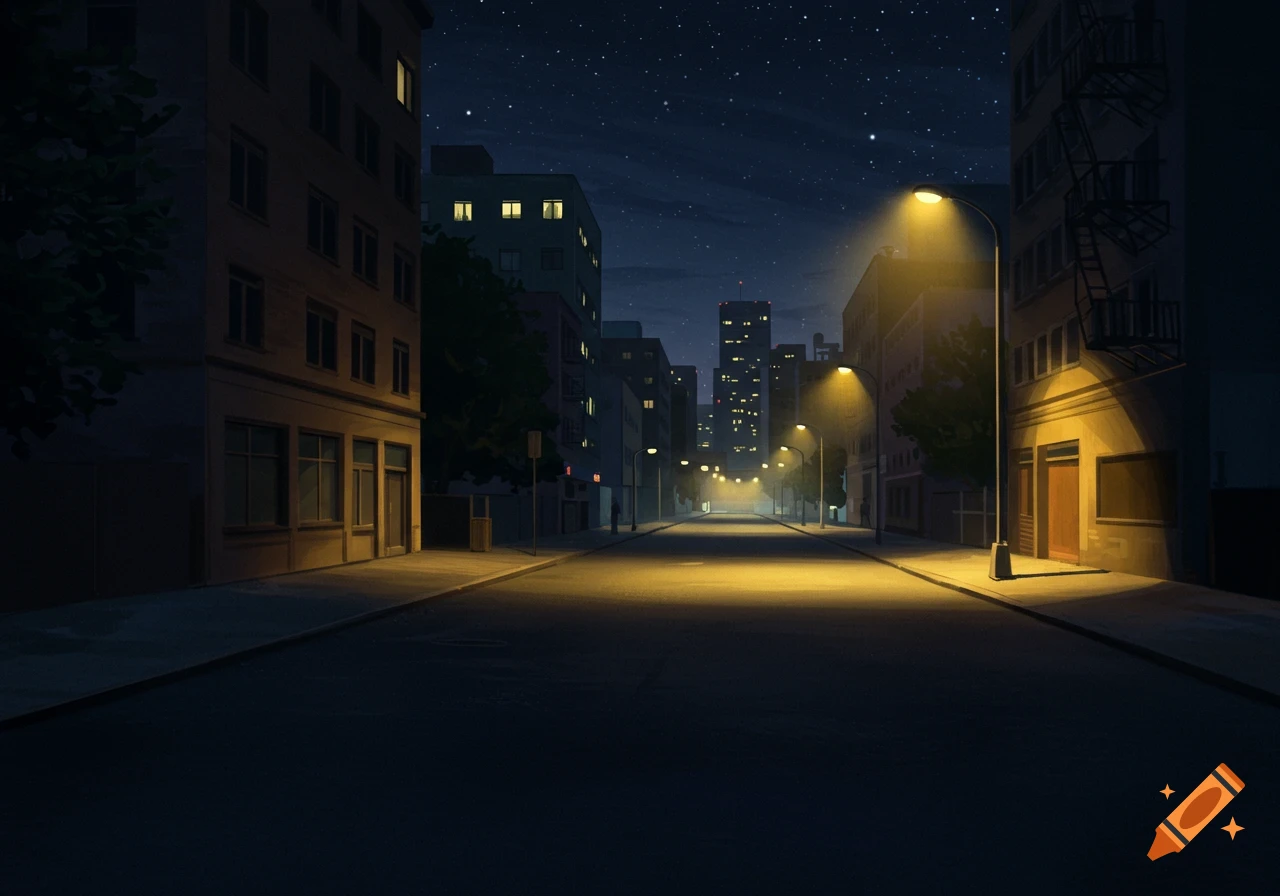 An empty city street at night lit by streetlights, with buildings lining the road under a starry sky.