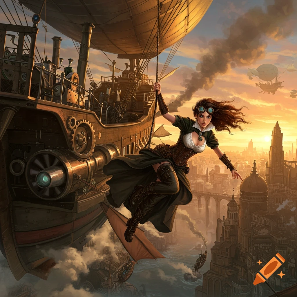 Steampunk woman hangs from large airship over a city at sunset, with other airships in the distance.