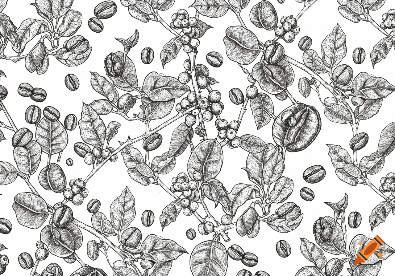 Black and white illustration of coffee branches with leaves and beans forming a seamless pattern.