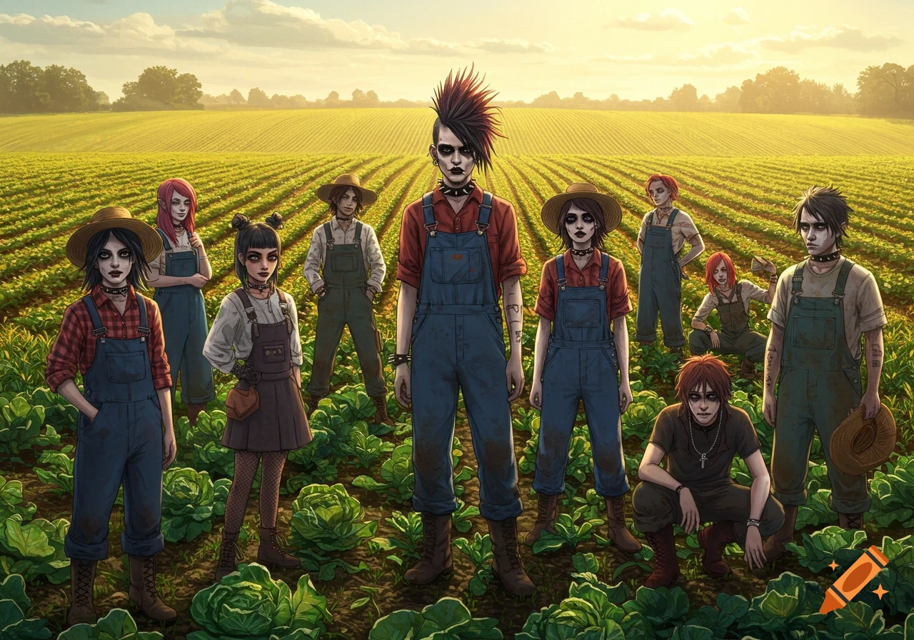 A group of emo farmers with dark makeup and hairstyles stand in a sunny field of green crops.