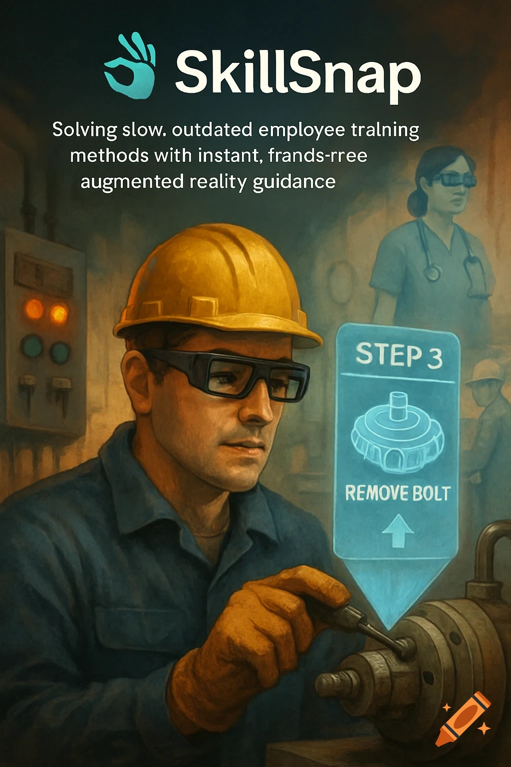 Worker in hard hat and glasses using augmented reality guidance on machinery, with AR text overlay.