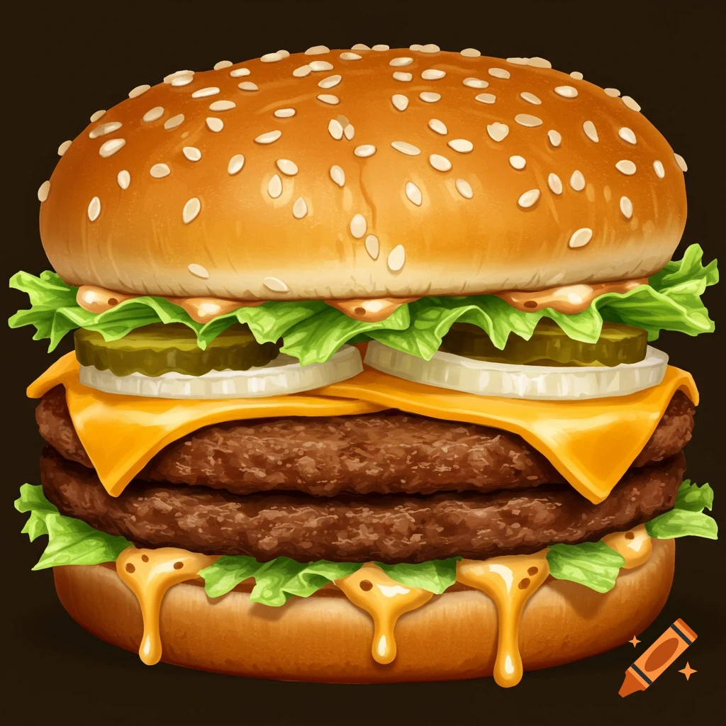 Detailed illustration of a double cheeseburger with lettuce, pickles, onion, and dripping sauce.