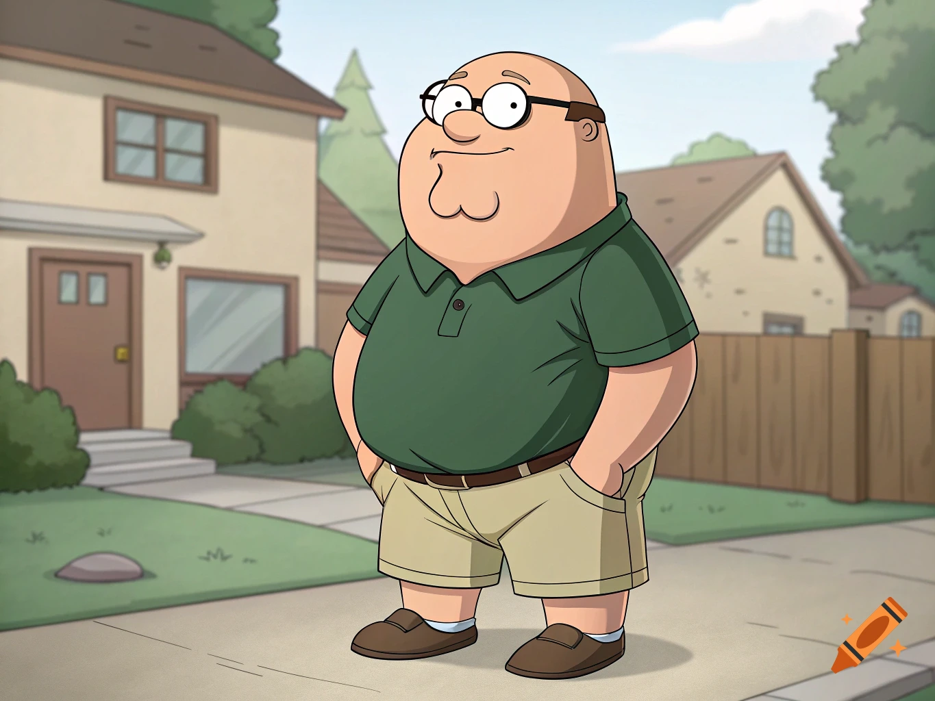 A cartoon character resembling Peter Griffin stands on a sidewalk in a suburban neighborhood.