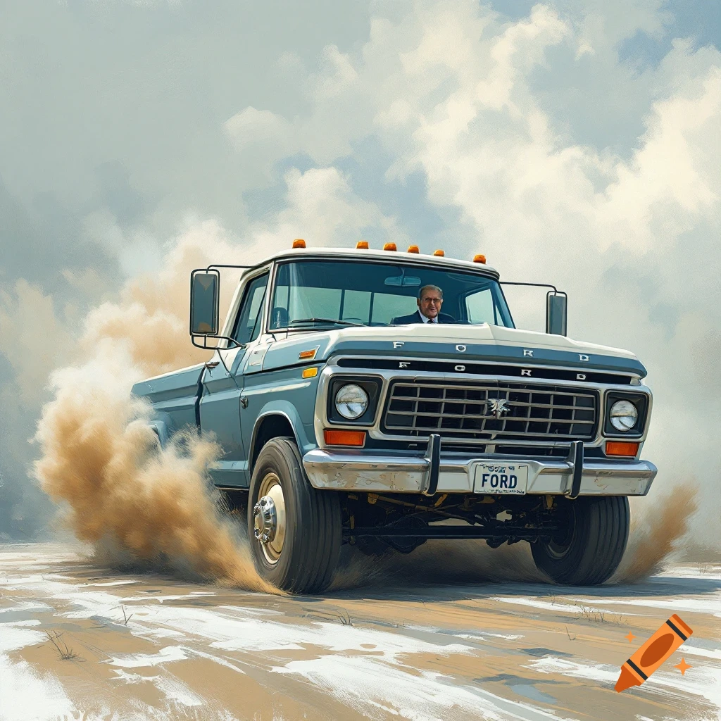 A painting of a Ford truck kicking up dust while being driven by a man in a suit.