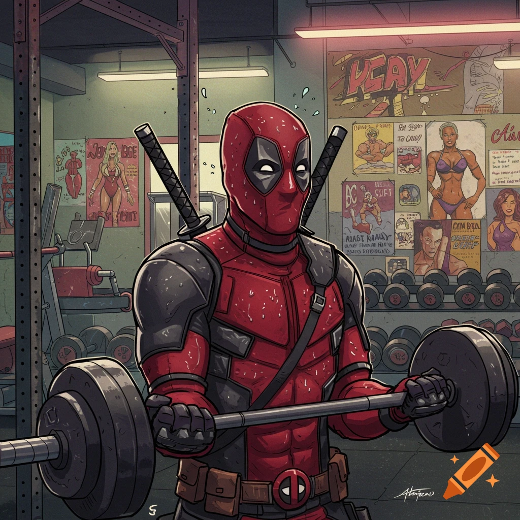 Comic book style illustration of Deadpool sweating while lifting a barbell in a gym.