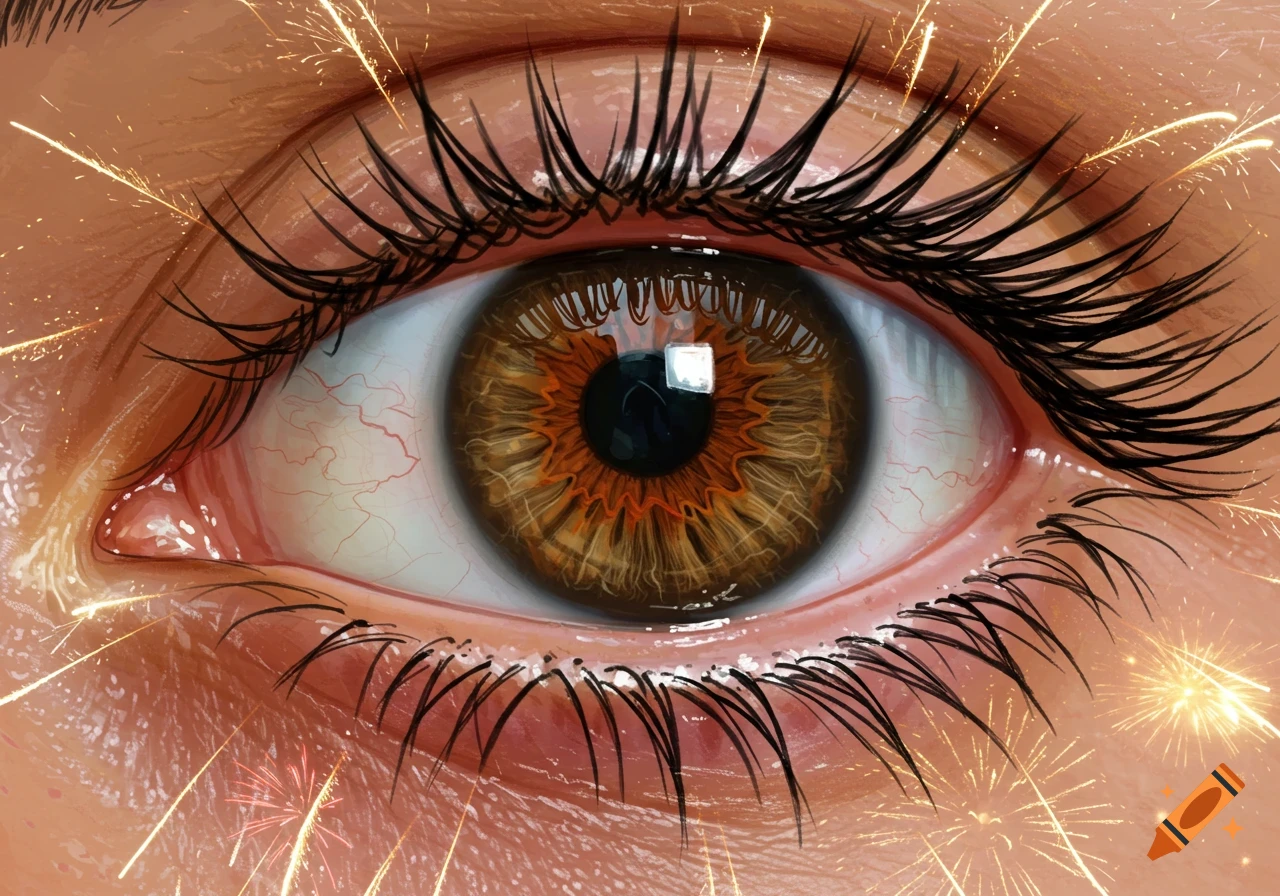 Close-up illustration of a human eye with fireworks.
