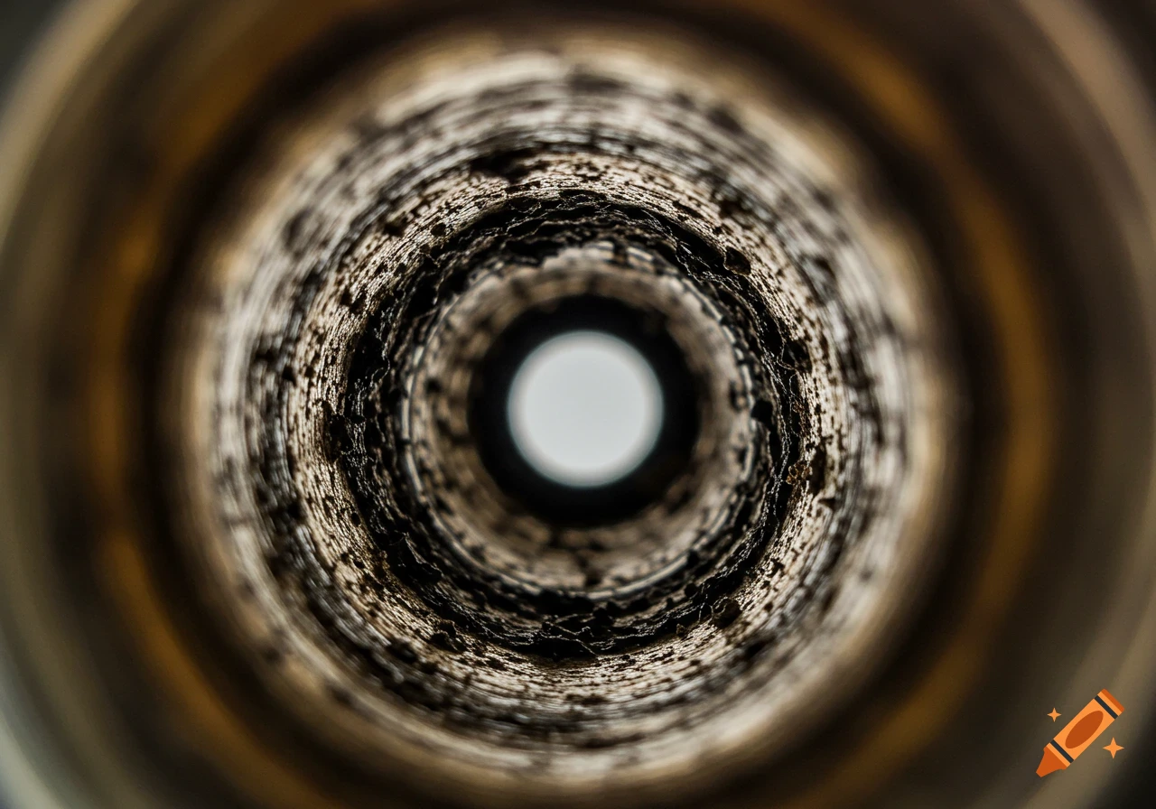 Macro photo looking down the inside of a dirty, textured pipe towards a bright opening.