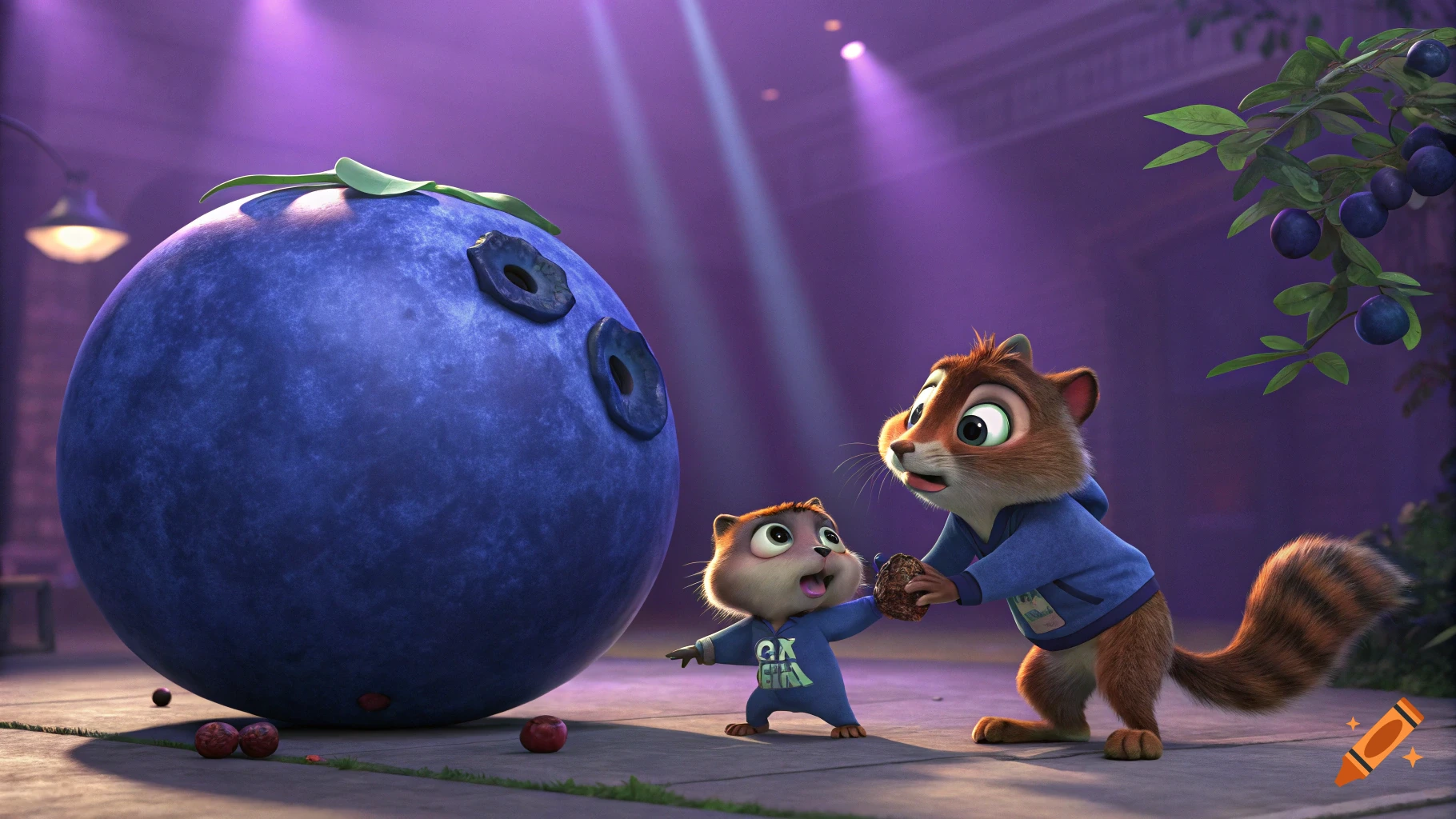 Two cartoon anthropomorphic squirrels stand next to a giant blueberry in a 3D animated style.