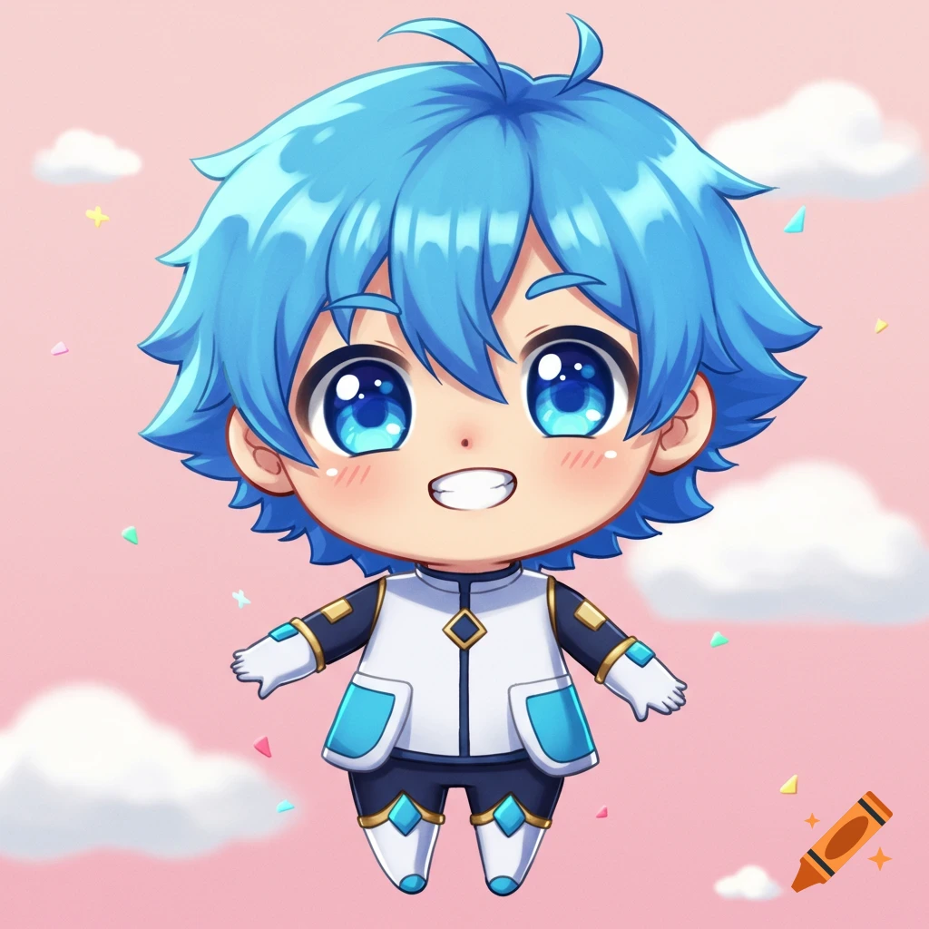 A cute chibi anime character with blue hair and big blue eyes, floating on a pink background with clouds and shapes.