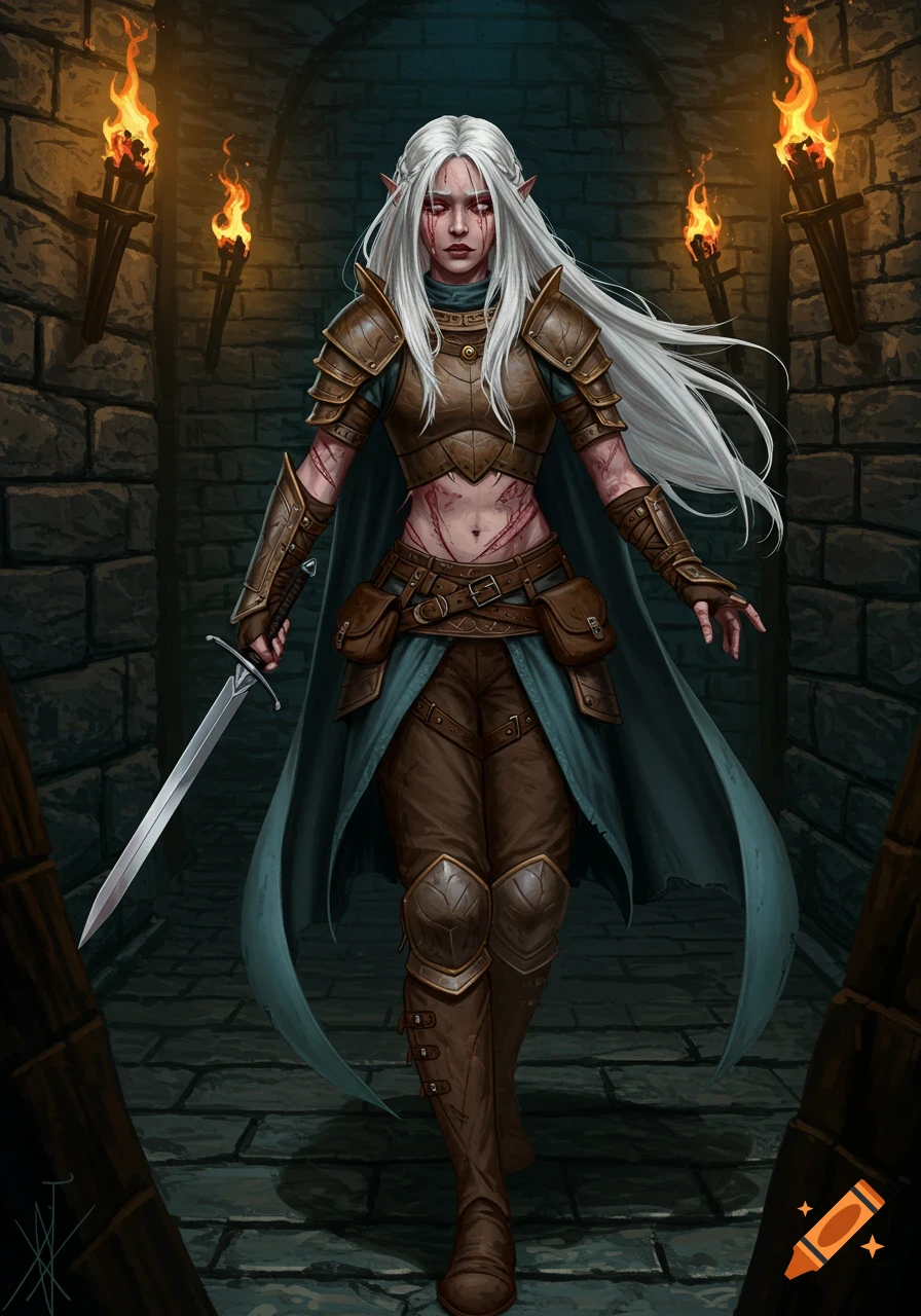 A female fantasy ranger with silver hair, scars, and armor stands in a dungeon.