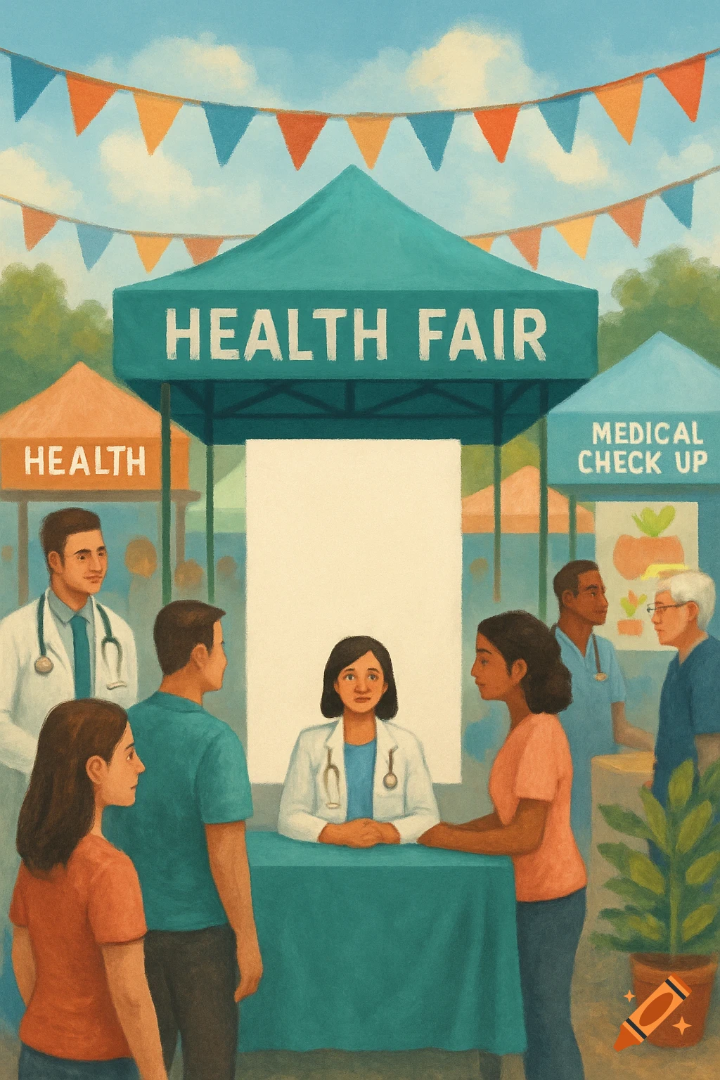 Painterly illustration of a health fair with tents, doctors, and attendees.